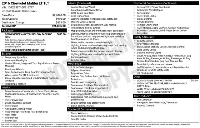 Used 2016 Chevrolet Malibu 1LT with VIN 1G1ZE5ST1GF316777 for sale in Annapolis, MD