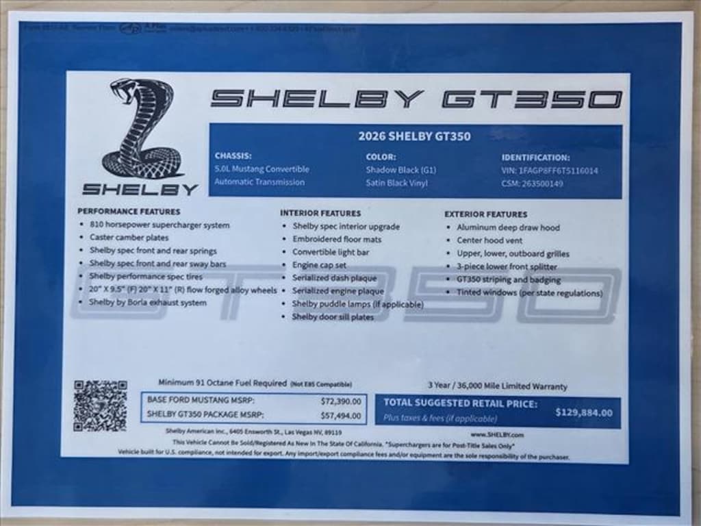 New 2026 Ford Mustang Shelby GT 350 CAR