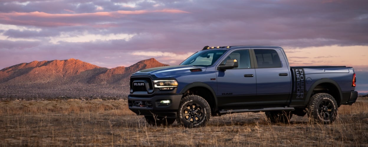 Blue 2021 Ram 2500 Powerwagon in front of mountains