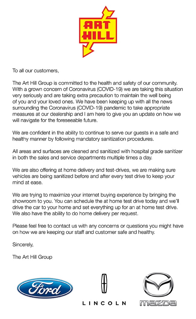 Art Hill Ford Corona Virus Update
