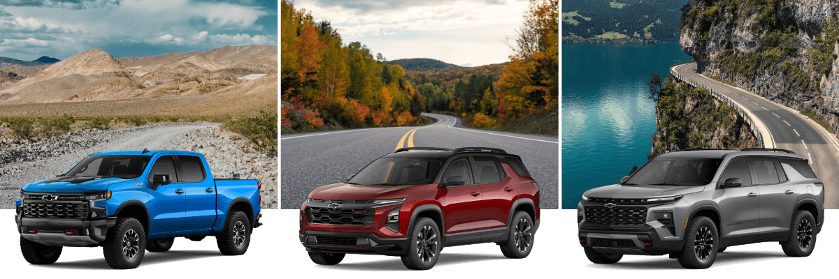 Three Chevrolet Chevy trucks and cars on display with nature background