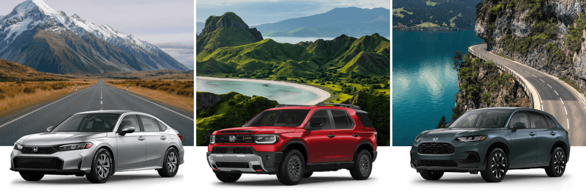 Three Honda models - a Civic, Passport, and HR-V - against scenic mountain and coastal backdrops