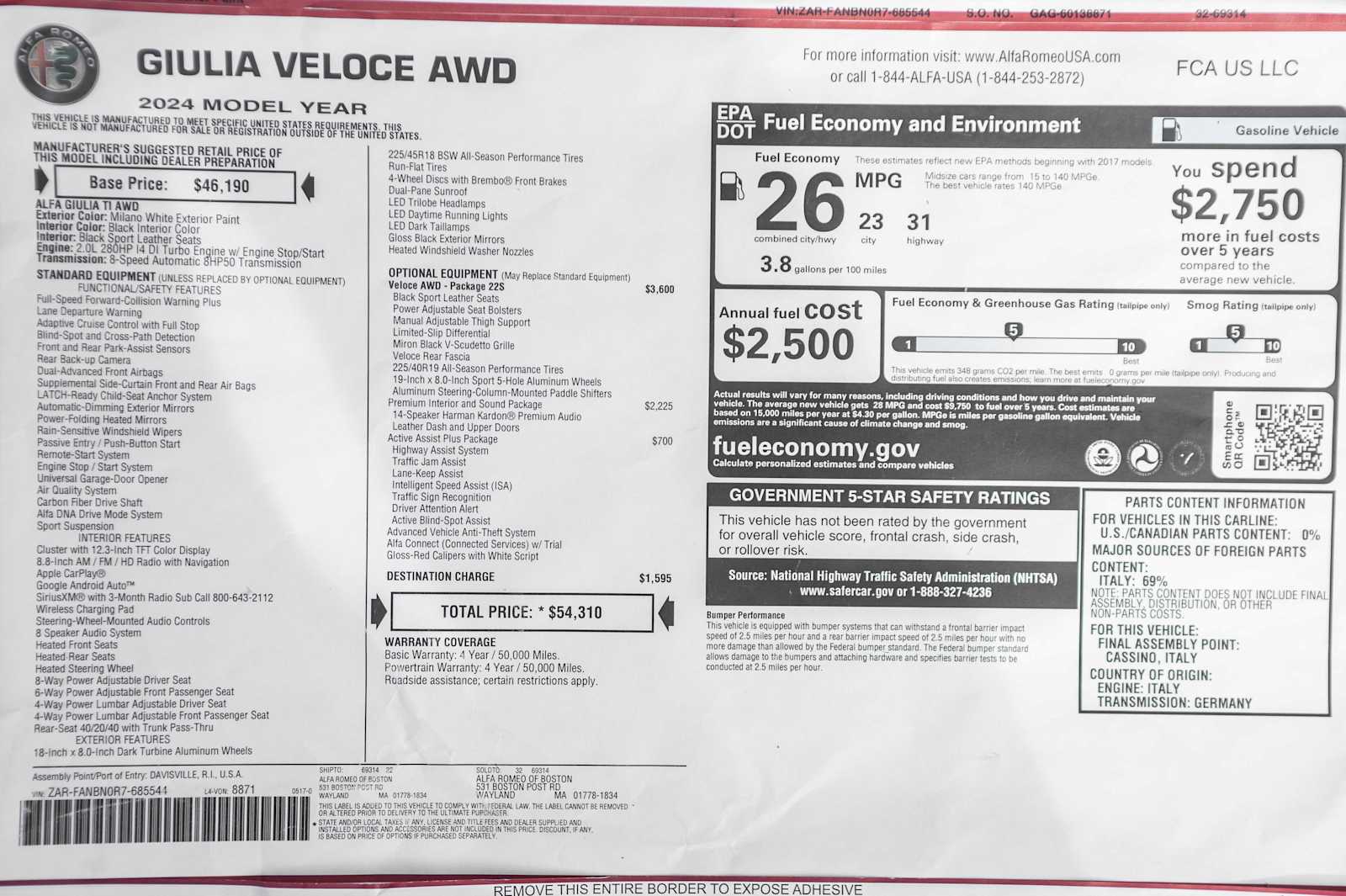 new 2024 Alfa Romeo Giulia car, priced at $44,310