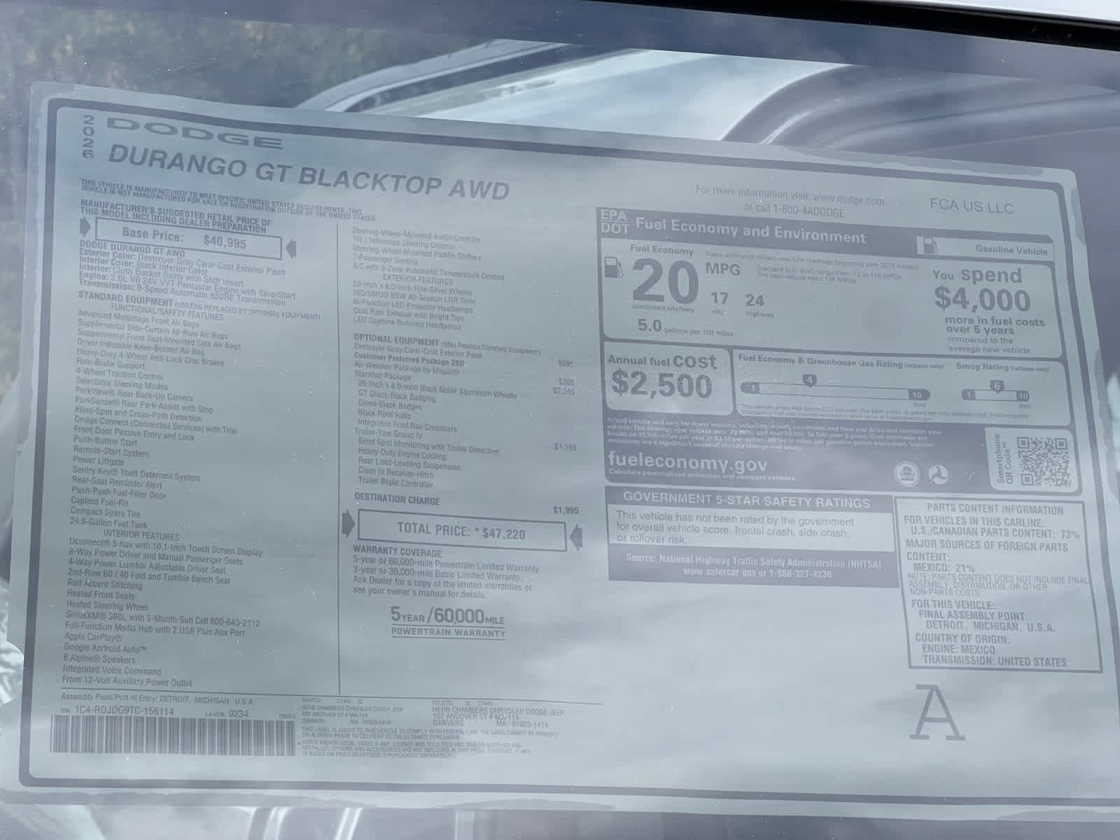 new 2026 Dodge Durango car, priced at $44,220