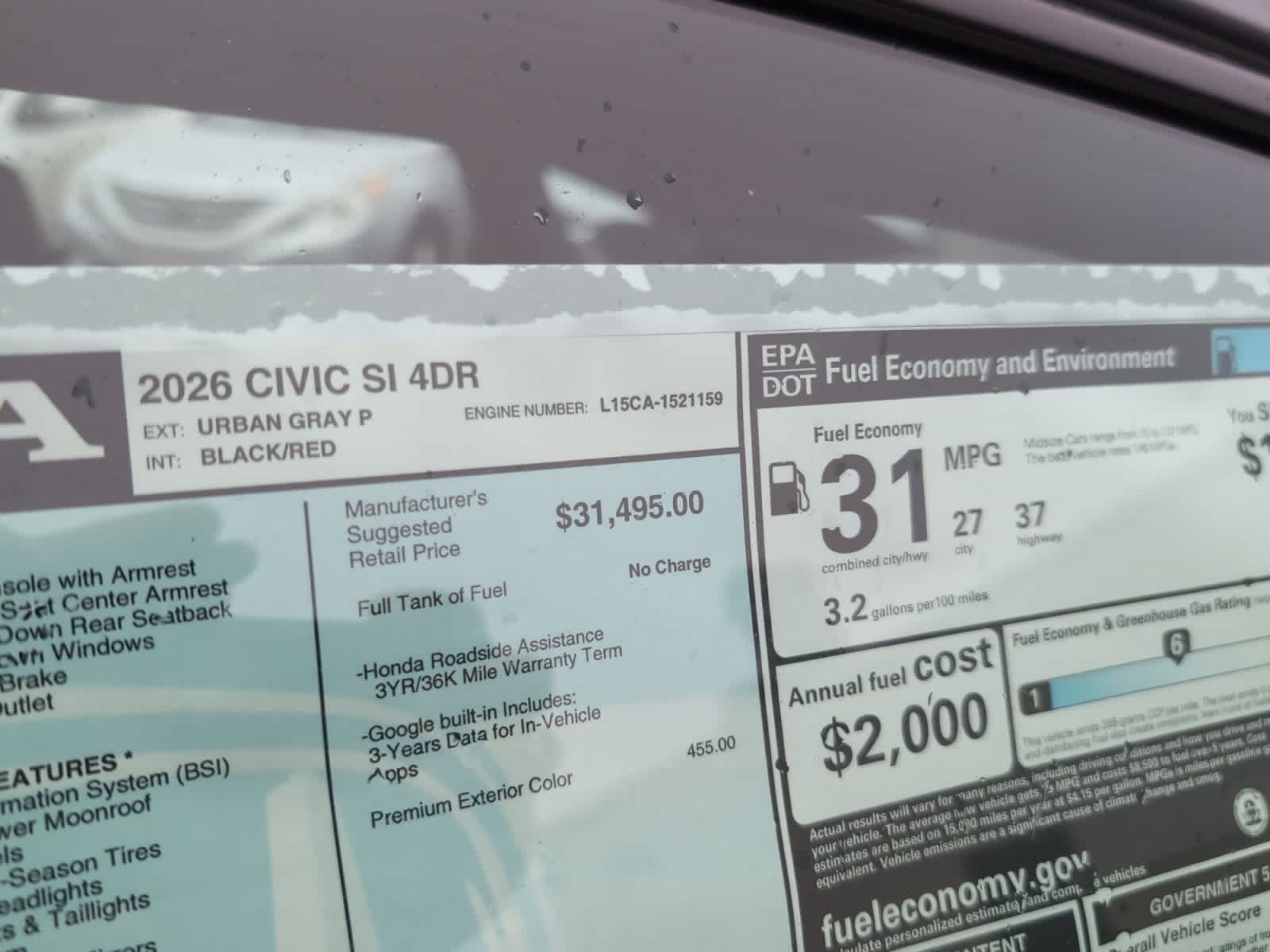 new 2026 Honda Civic Si car, priced at $33,145