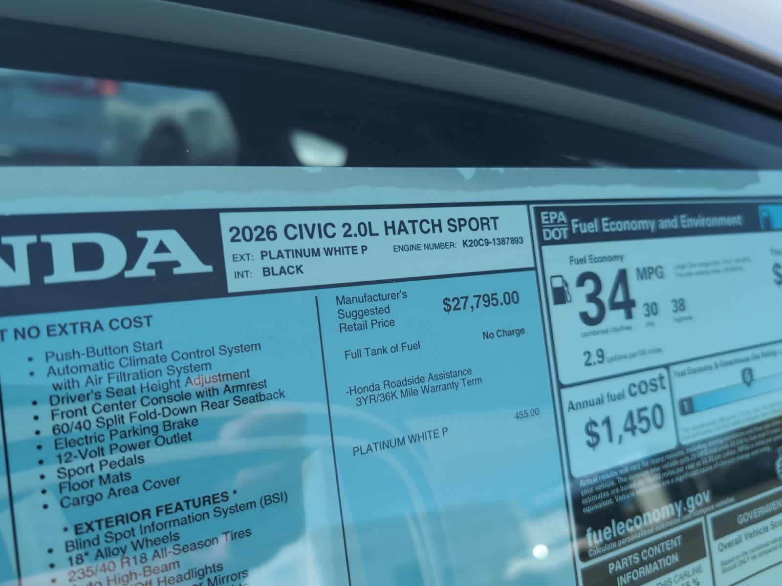new 2026 Honda Civic car, priced at $29,445
