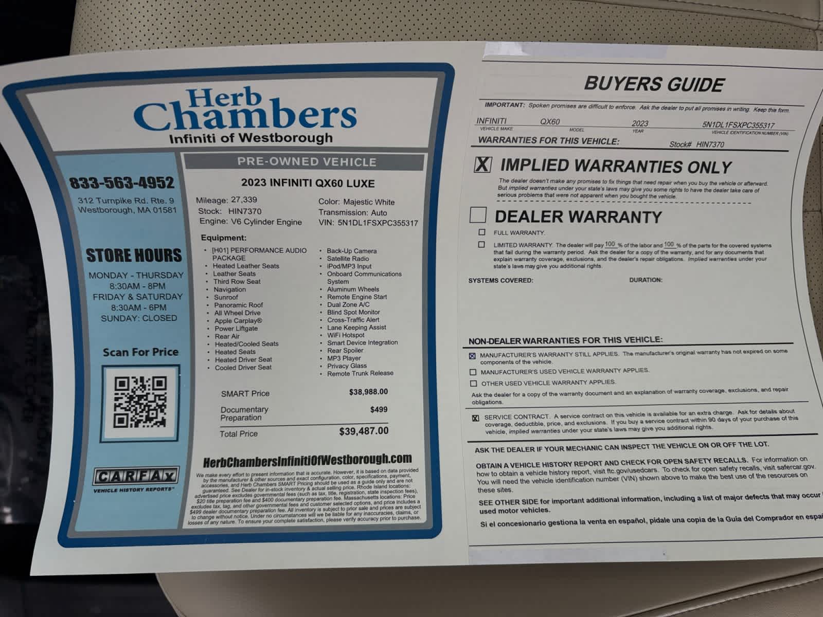 used 2023 INFINITI QX60 car, priced at $38,588