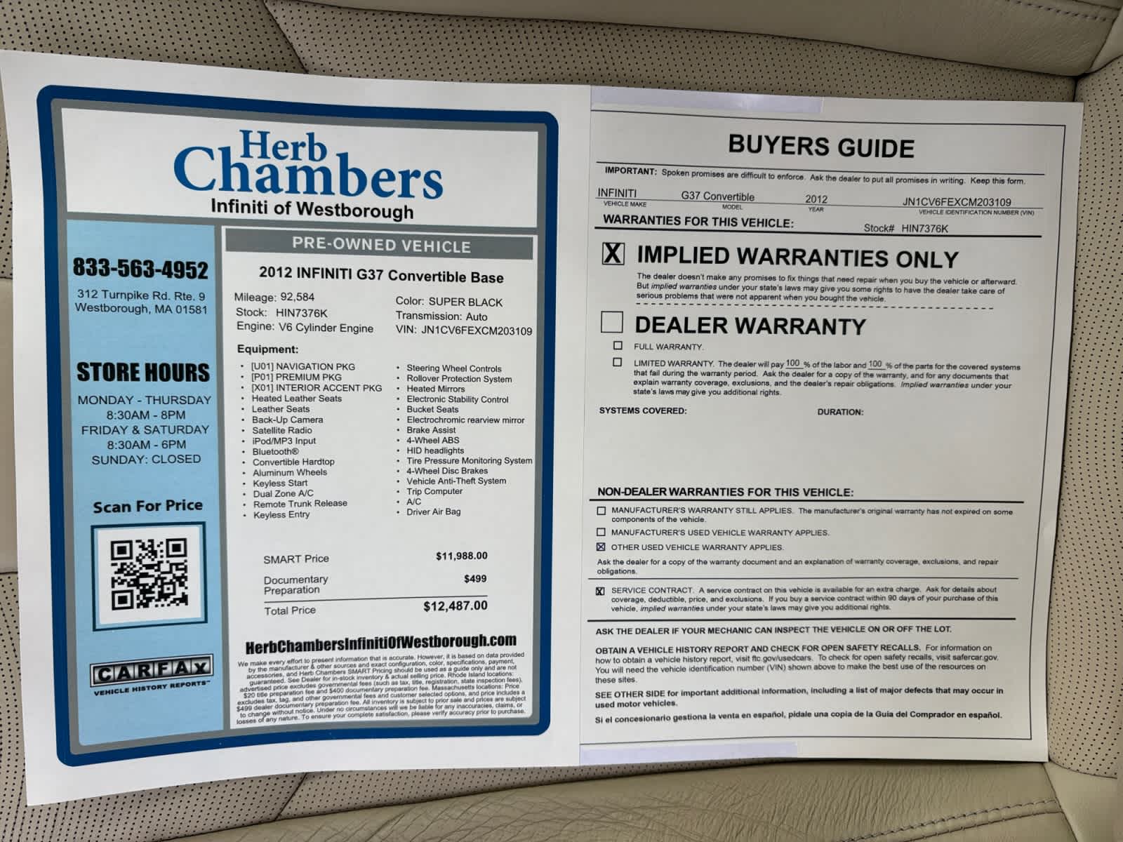 used 2012 INFINITI G37 car, priced at $11,788