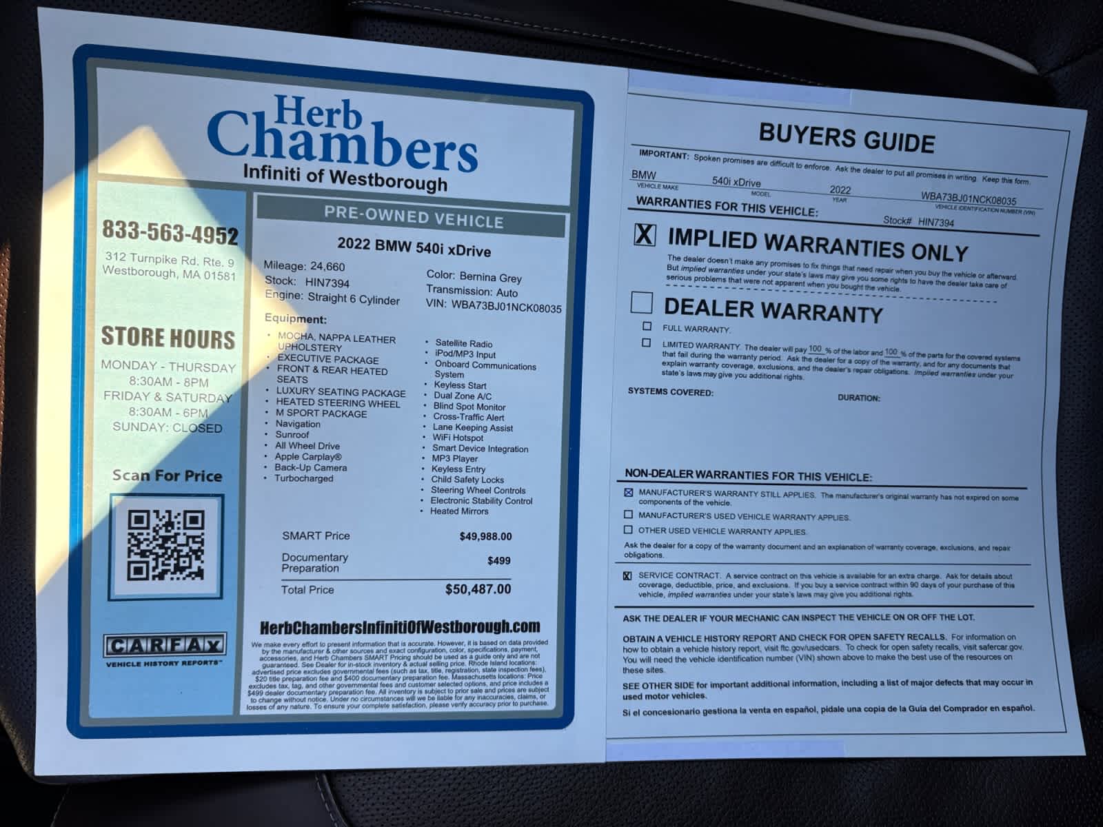 used 2022 BMW 540i car, priced at $49,988