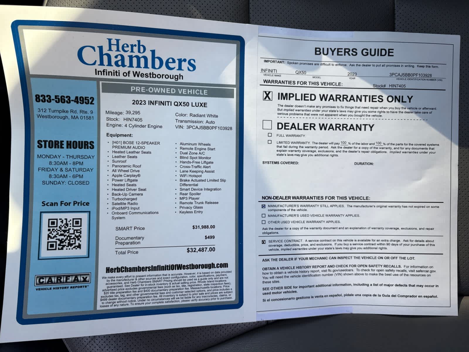 used 2023 INFINITI QX50 car, priced at $29,888