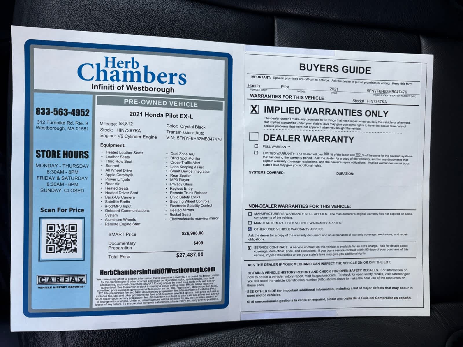 used 2021 Honda Pilot car, priced at $26,988