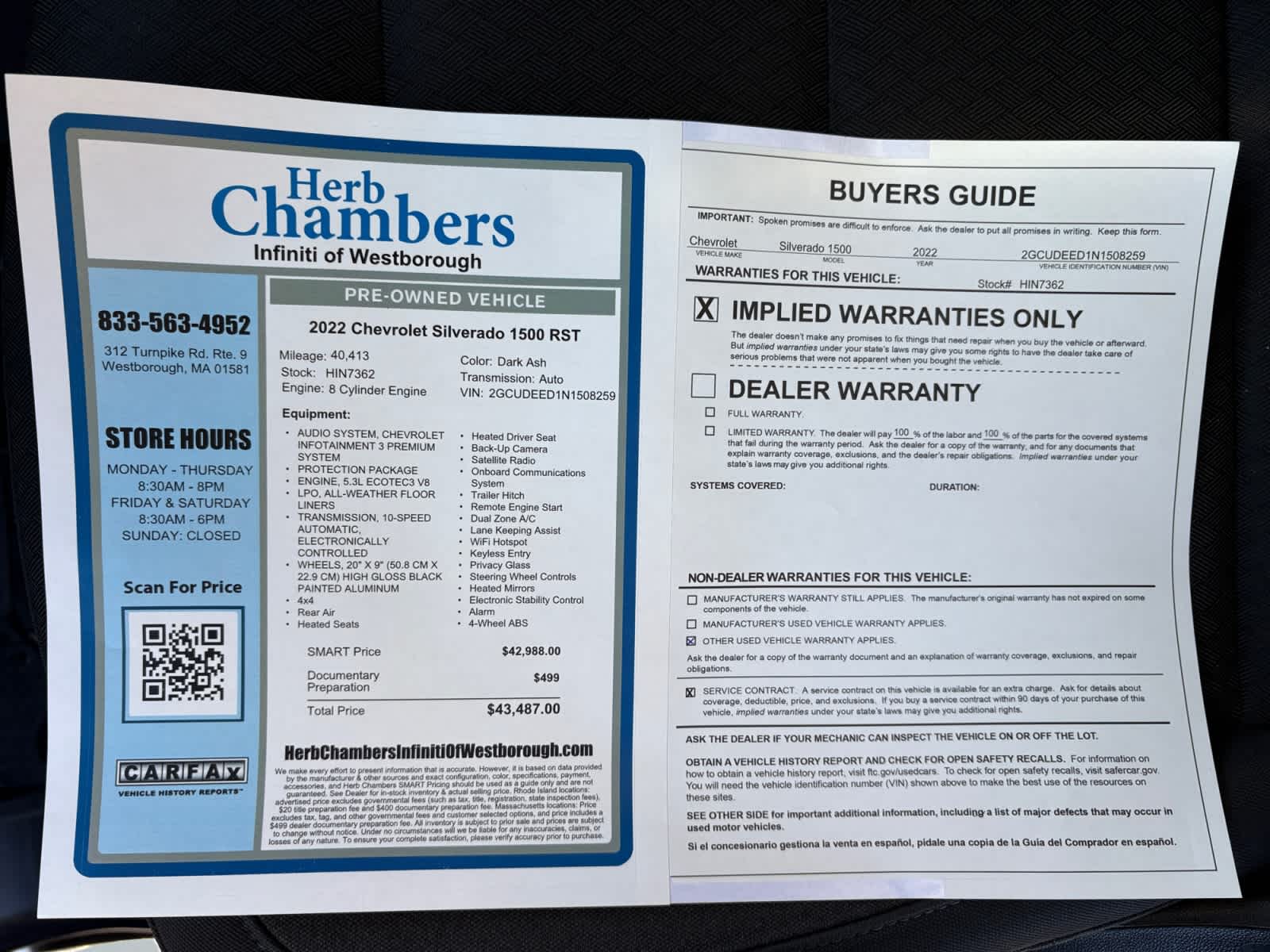 used 2022 Chevrolet Silverado 1500 car, priced at $40,488