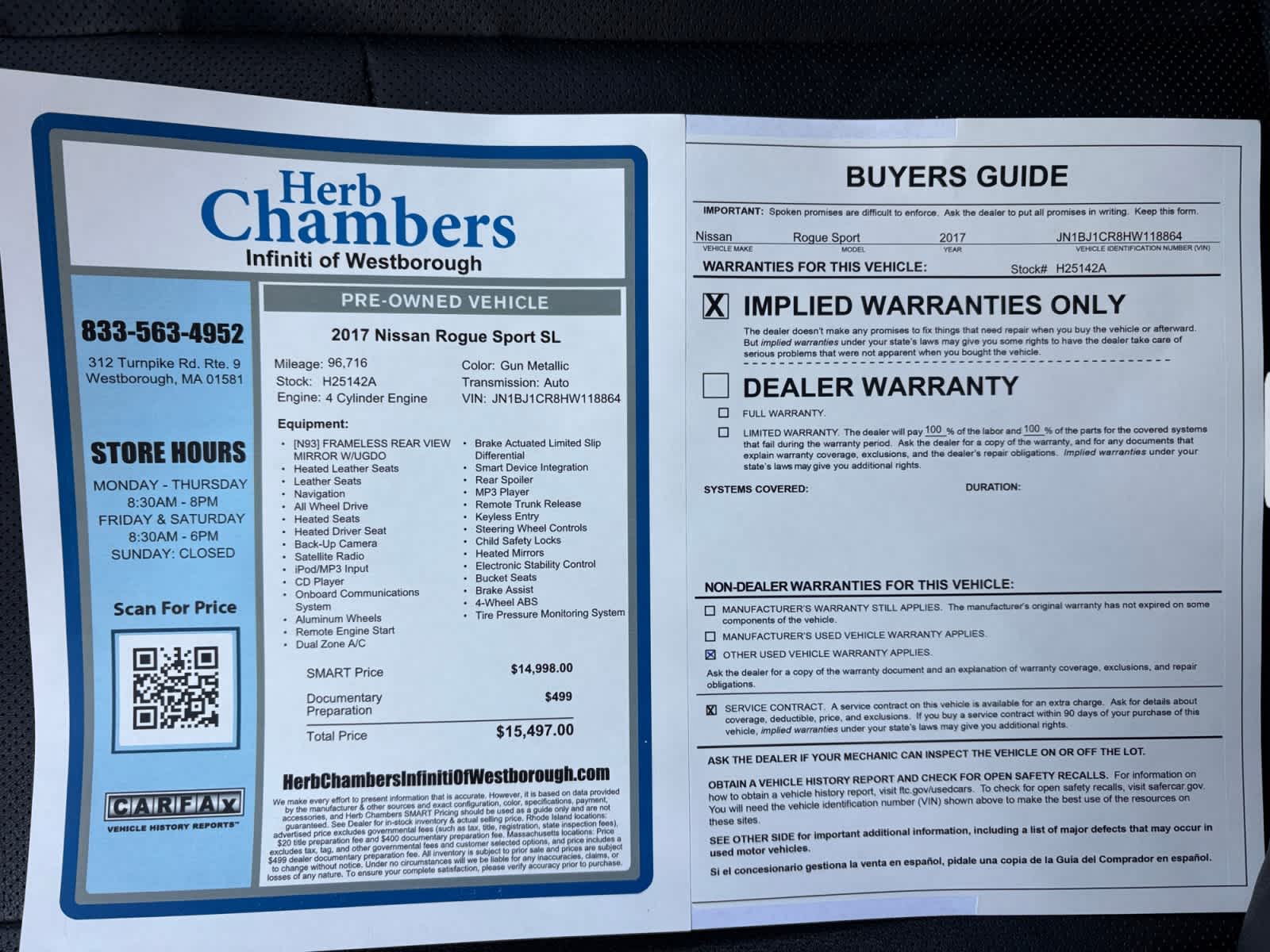 used 2017 Nissan Rogue Sport car, priced at $14,998