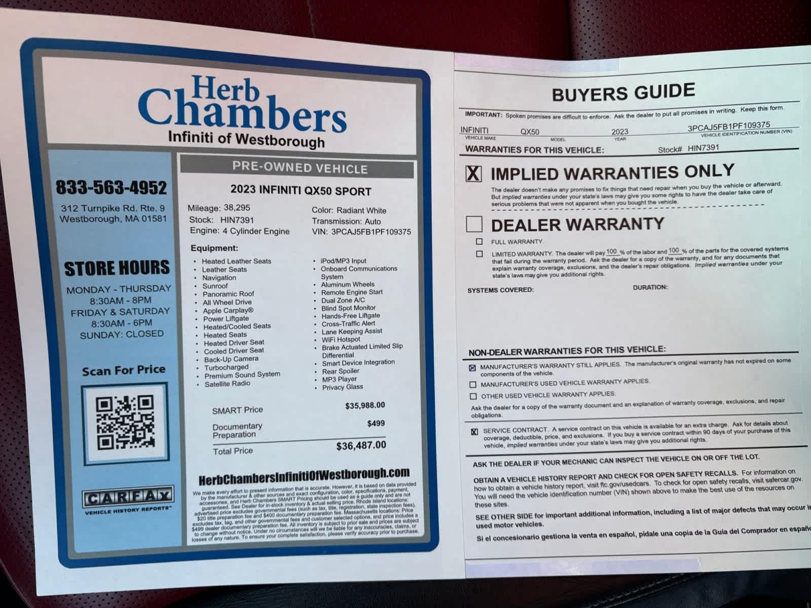 used 2023 INFINITI QX50 car, priced at $35,988