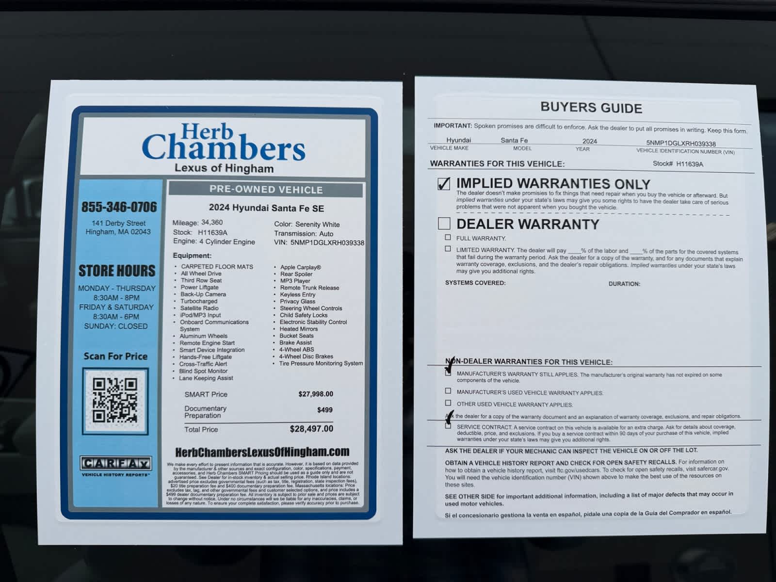 used 2024 Hyundai Santa Fe car, priced at $25,998