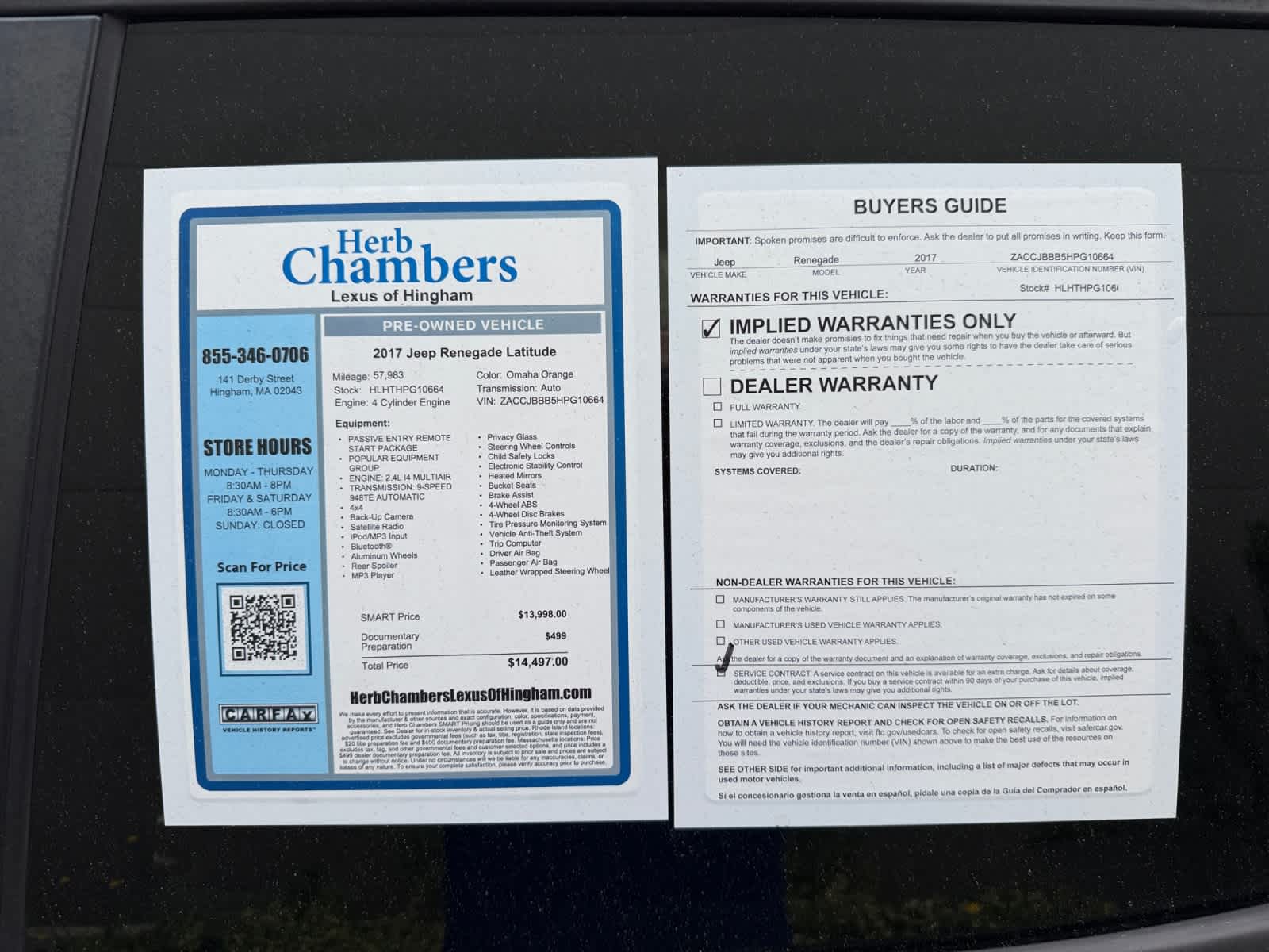 used 2017 Jeep Renegade car, priced at $12,498