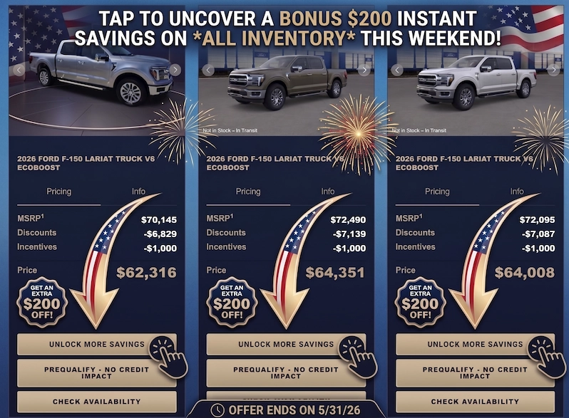 Mock Astro Ford listing showing the Unlock $200 button on a vehicle card