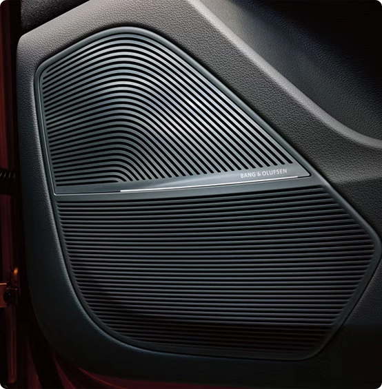 Close-up of a Bang and Olufsen speaker inside the Audi Q8