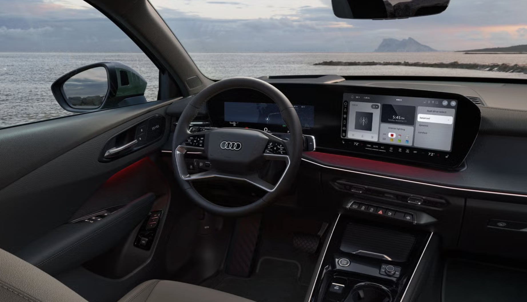 Interior view of the Audi Q5 showing its dual-screen digital dashboard