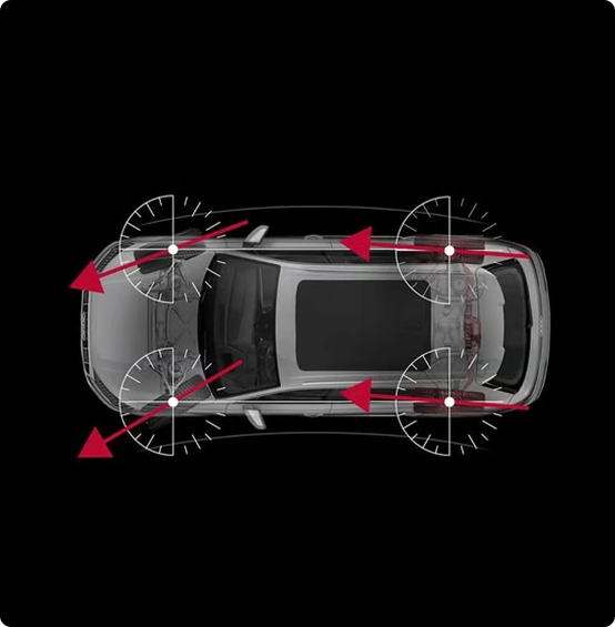 Overhead diagram of an Audi Q8 showing all-wheel steering
