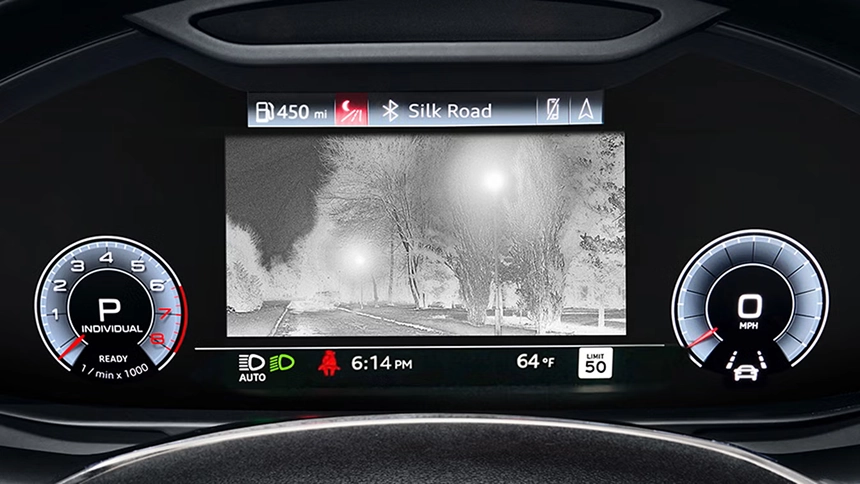 Night vision assist thermal display shown on the digital cluster while driving at night