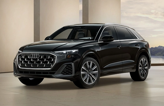 Audi Q8 Premium Plus in black, front three-quarter view