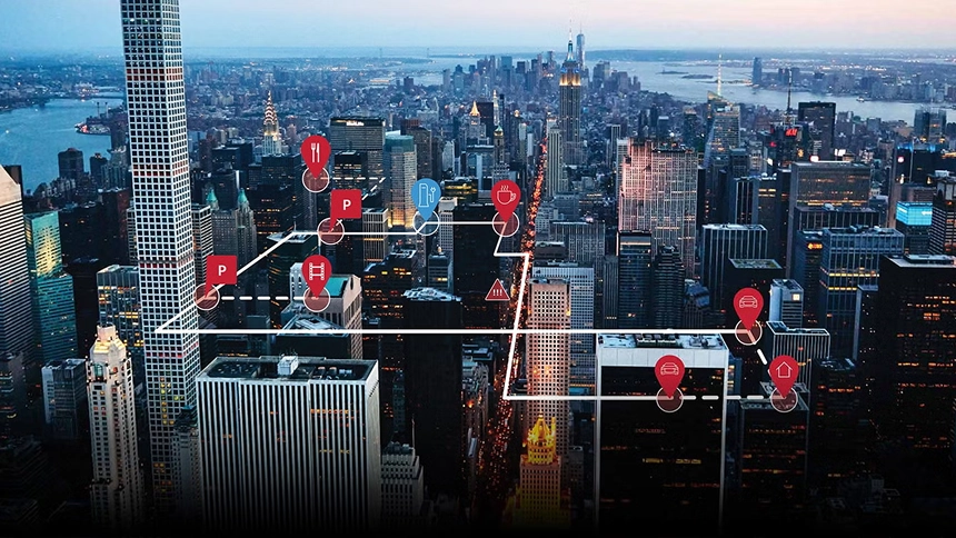 City skyline shown through the Audi connect CARE remote services graphic