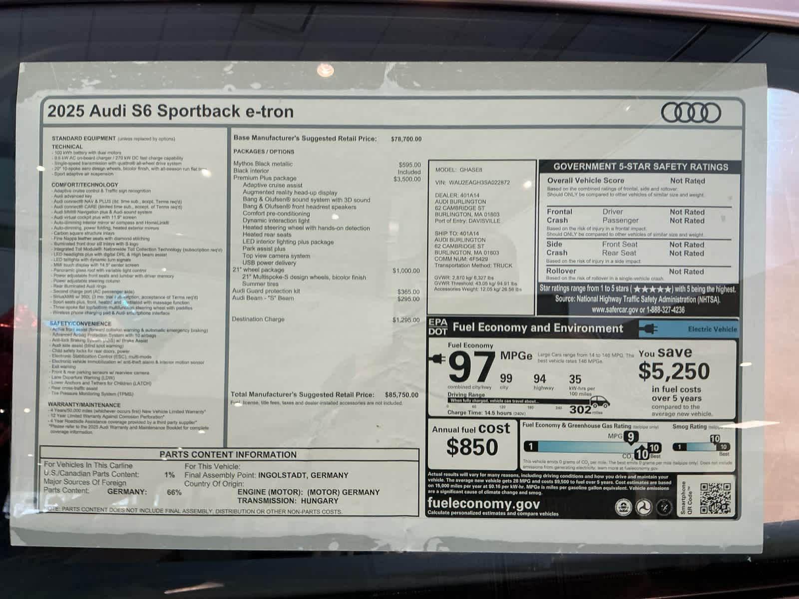 new 2025 Audi S6 Sportback e-tron car, priced at $85,750