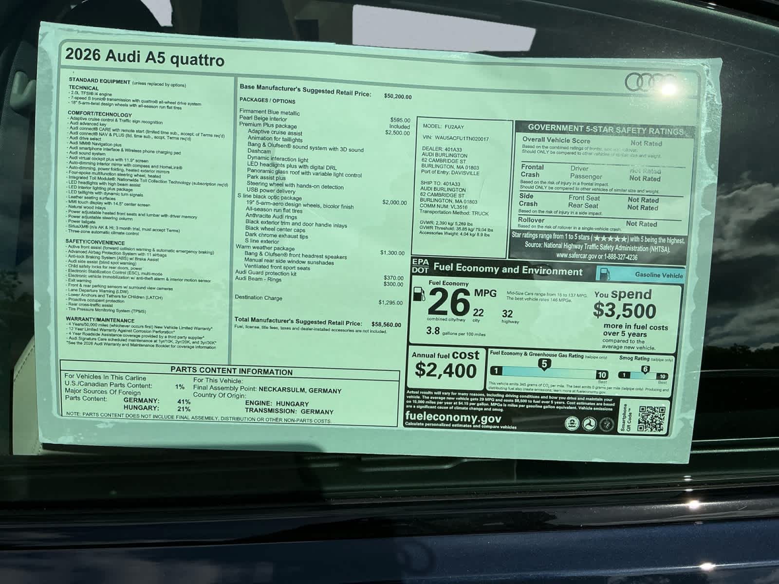 new 2026 Audi A5 car, priced at $58,560
