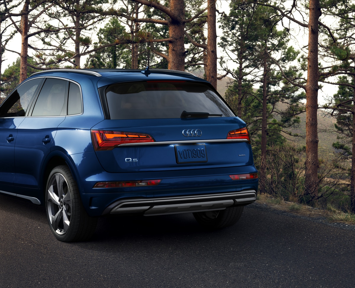 blue Audi Q5 SUV parked next to a line of trees