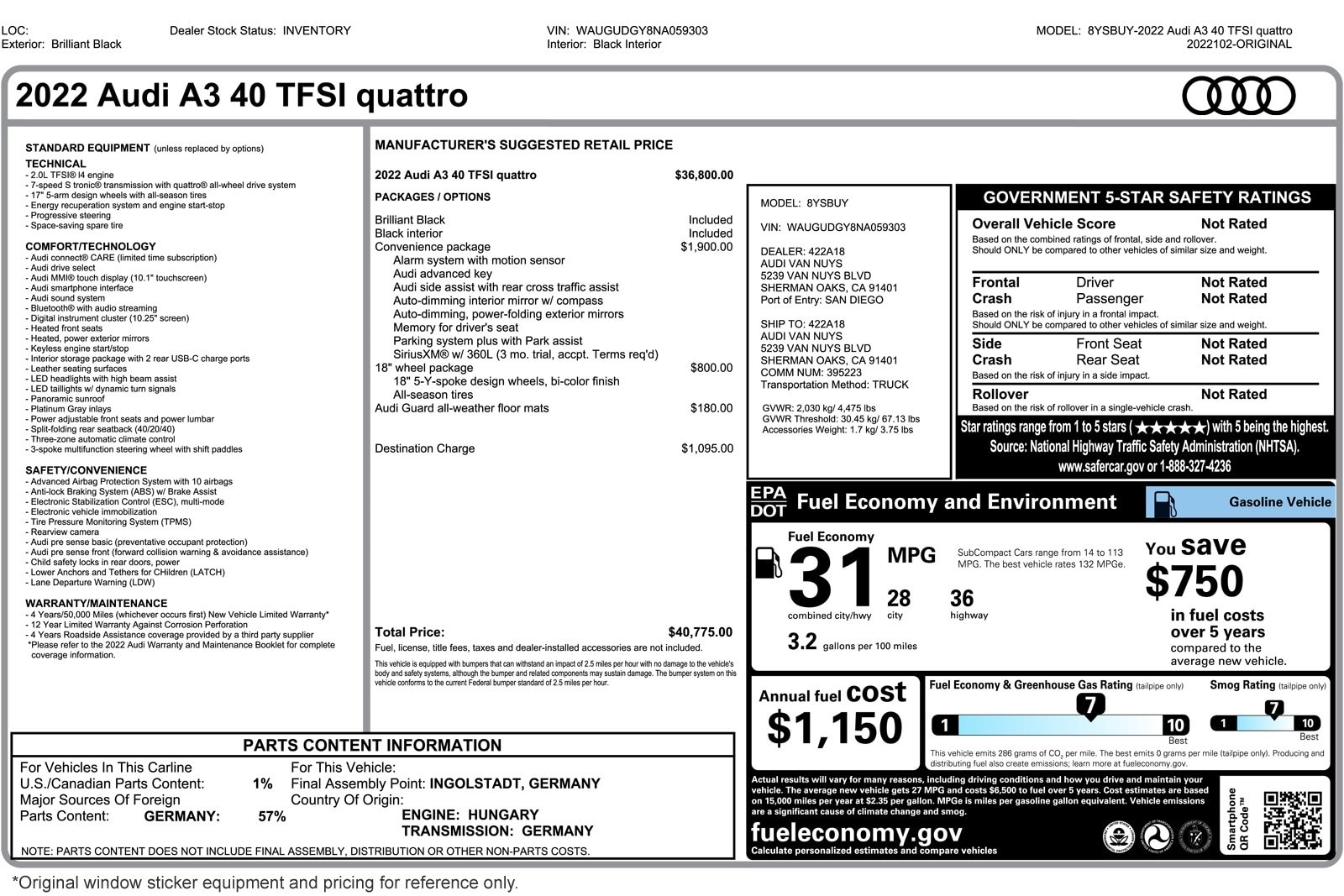 Used 2022 Audi A3 Sedan Premium with VIN WAUGUDGY8NA059303 for sale in Costa Mesa, CA