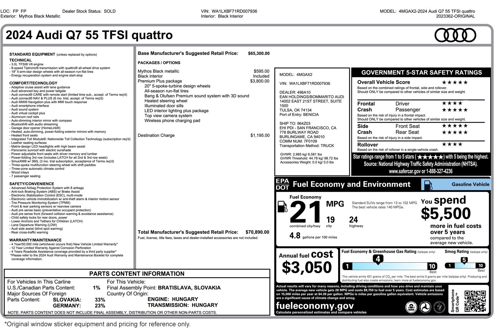 Used 2024 Audi Q7 Premium Plus with VIN WA1LXBF71RD007936 for sale in Costa Mesa, CA