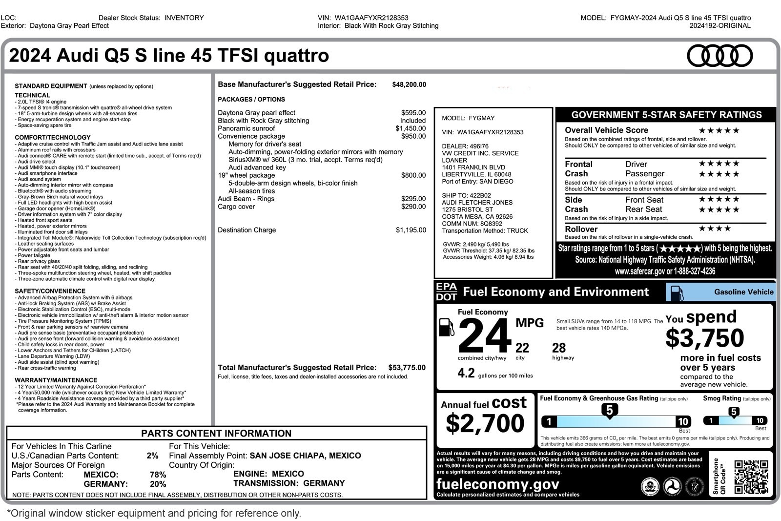 Used 2024 Audi Q5 Premium with VIN WA1GAAFYXR2128353 for sale in Costa Mesa, CA