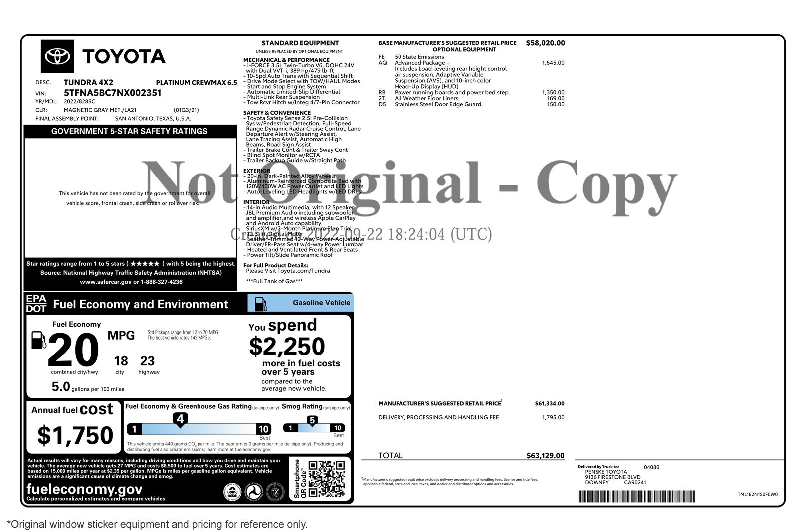 Used 2022 Toyota Tundra Platinum with VIN 5TFNA5BC7NX002351 for sale in Costa Mesa, CA