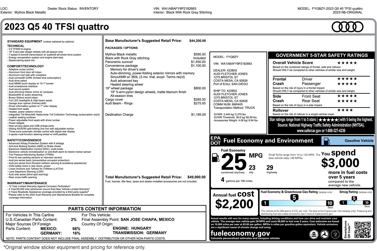 Used 2023 Audi Q5 Premium with VIN WA1ABAFY9P2182663 for sale in Costa Mesa, CA