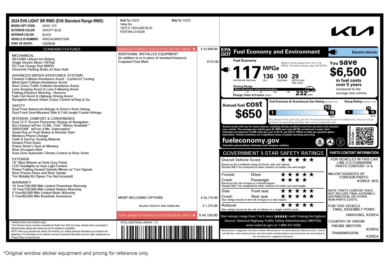 Used 2024 Kia EV6 Light with VIN KNDC34LB4R5210948 for sale in Costa Mesa, CA