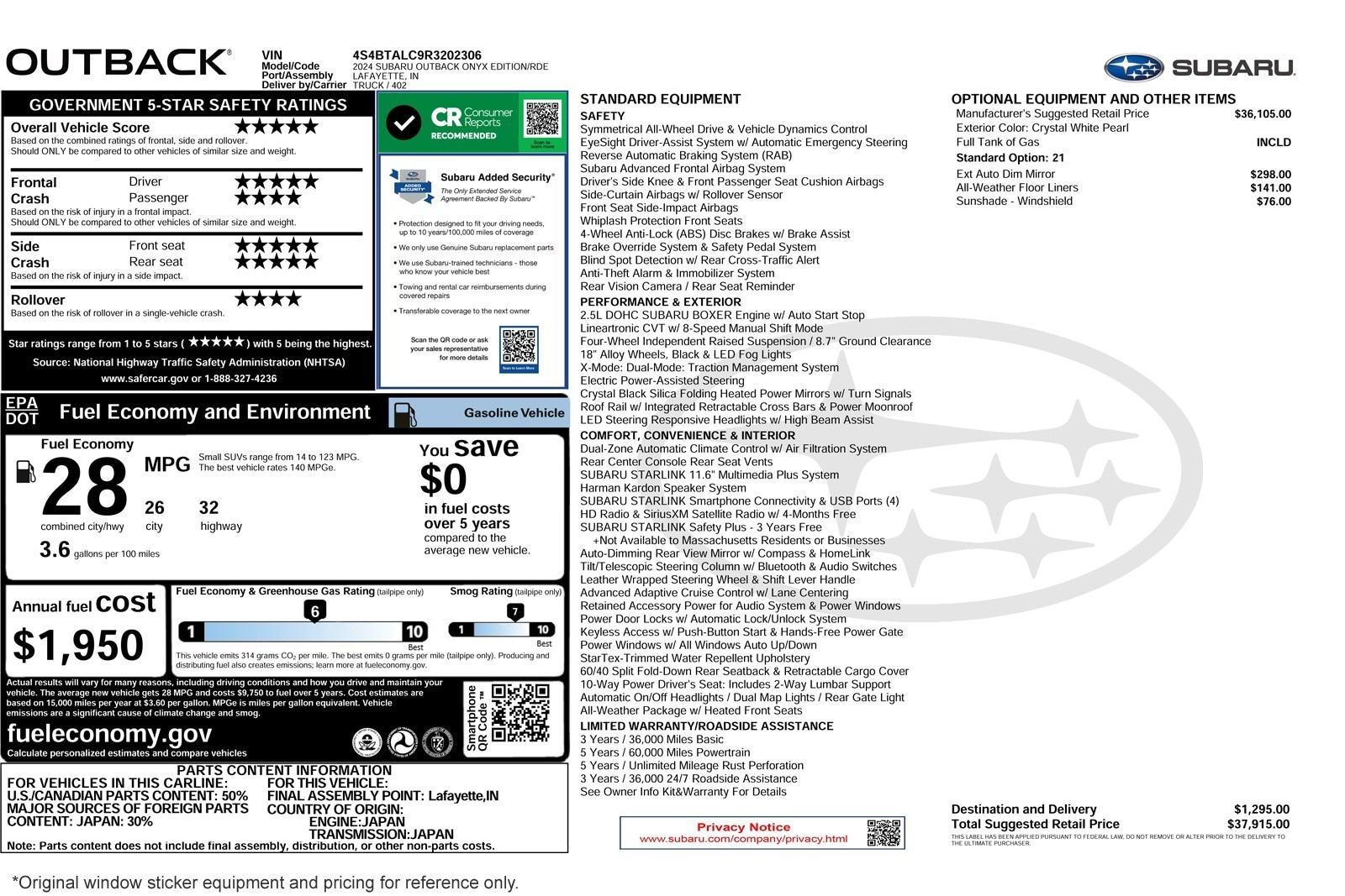 Used 2024 Subaru Outback Onyx Edition with VIN 4S4BTALC9R3202306 for sale in Costa Mesa, CA