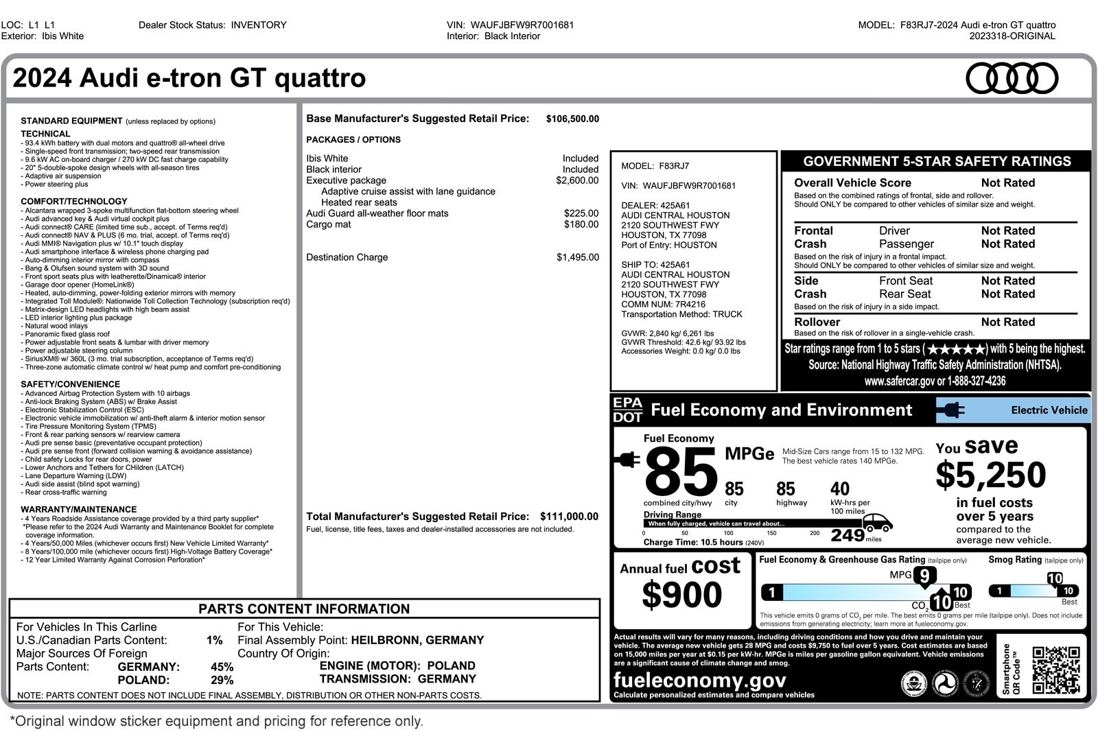 Used 2024 Audi e-tron GT Premium Plus with VIN WAUFJBFW9R7001681 for sale in Costa Mesa, CA