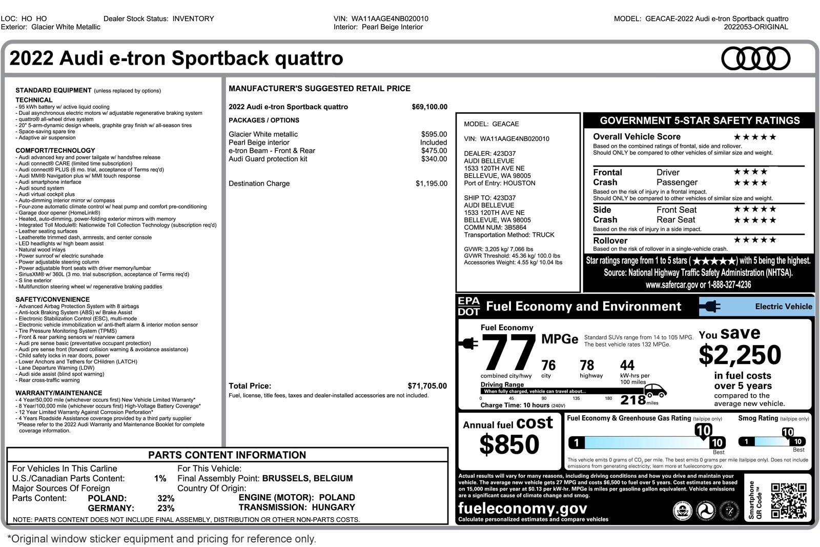 Used 2022 Audi e-tron Sportback Premium with VIN WA11AAGE4NB020010 for sale in Costa Mesa, CA