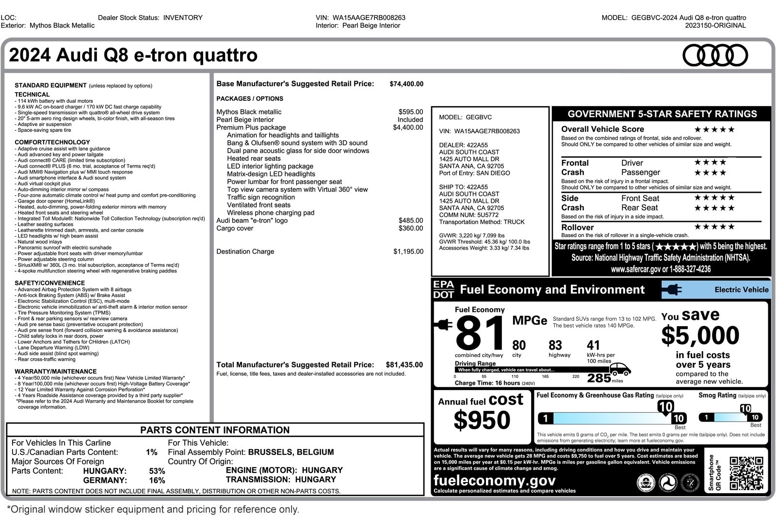 Used 2024 Audi Q8 e-tron Premium Plus with VIN WA15AAGE7RB008263 for sale in Costa Mesa, CA