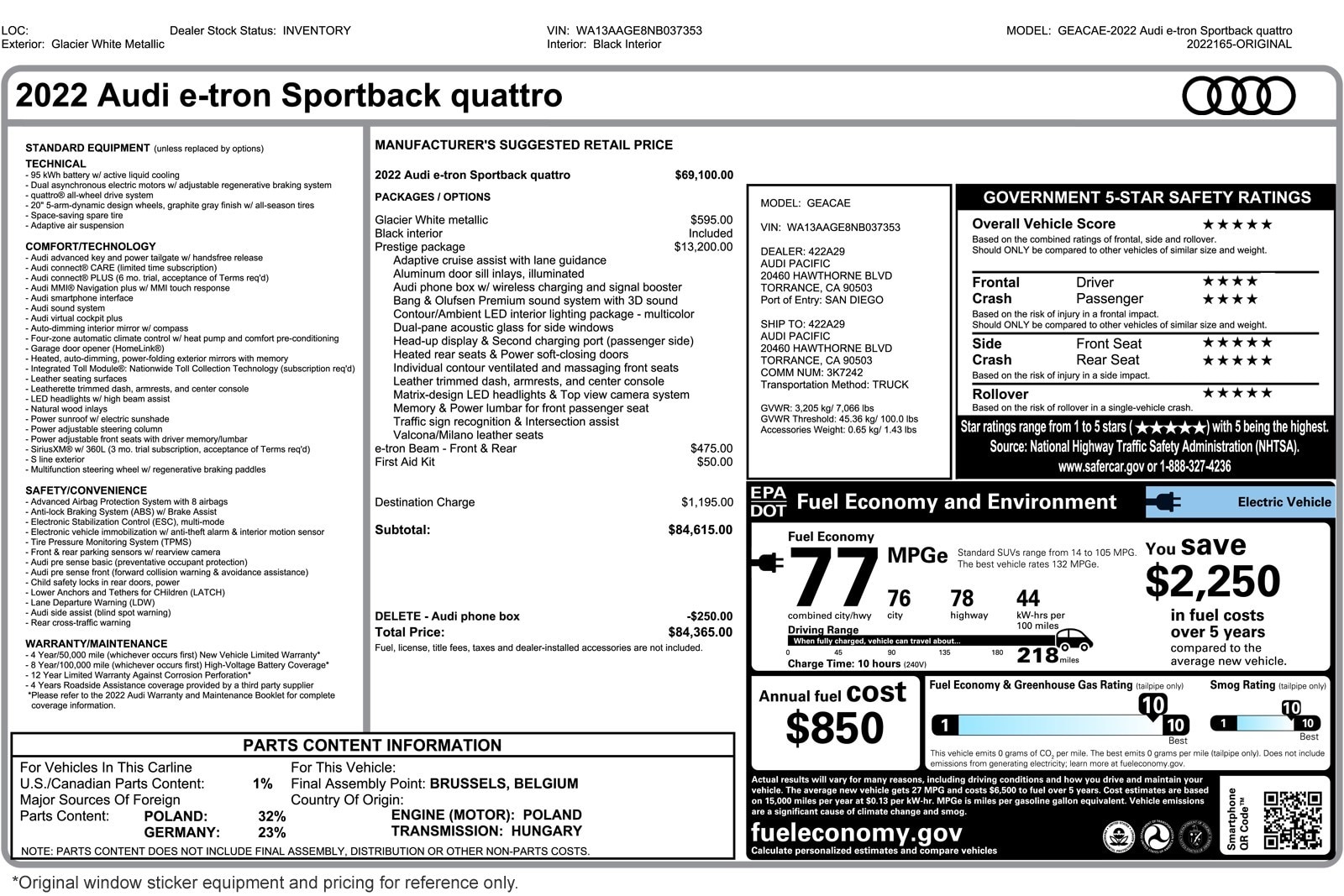 Used 2022 Audi e-tron Sportback Prestige with VIN WA13AAGE8NB037353 for sale in Costa Mesa, CA
