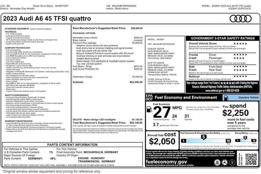 Used 2023 Audi A6 Sedan Premium Plus 45 Tfsi Quattro Sedan
