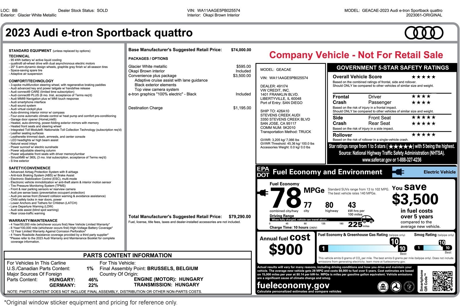 Used 2023 Audi e-tron Sportback Premium with VIN WA11AAGE5PB025574 for sale in Costa Mesa, CA