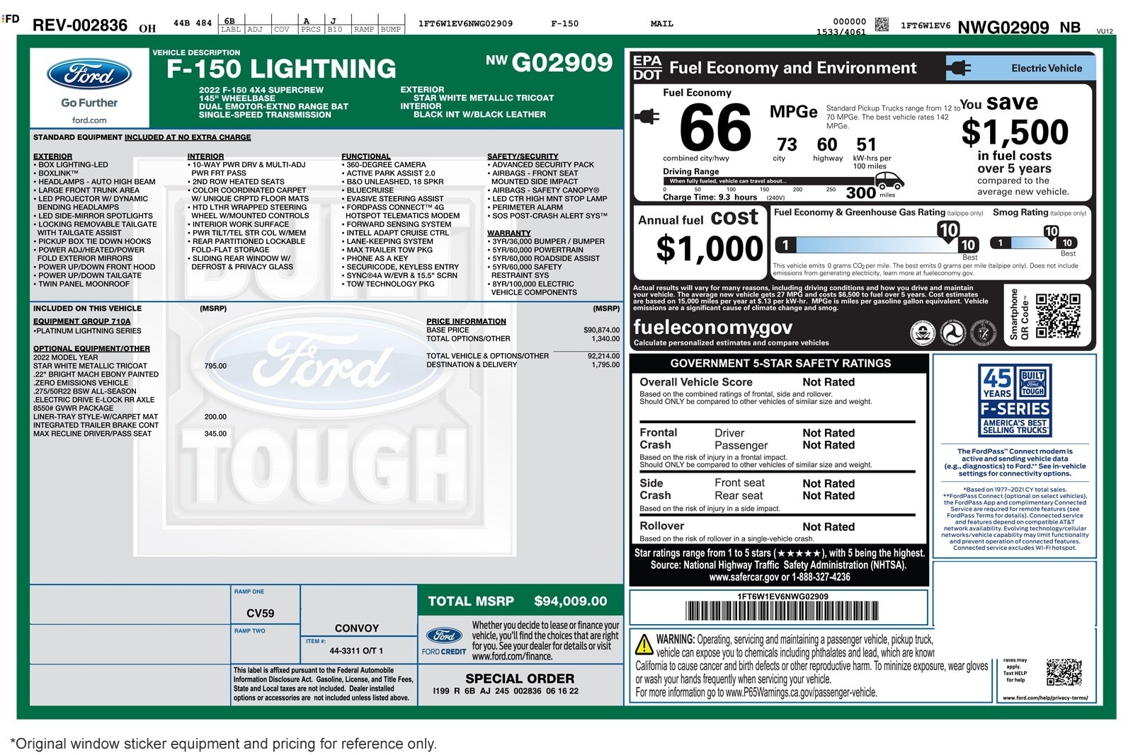 Used 2022 Ford F-150 Lightning Platinum with VIN 1FT6W1EV6NWG02909 for sale in Costa Mesa, CA