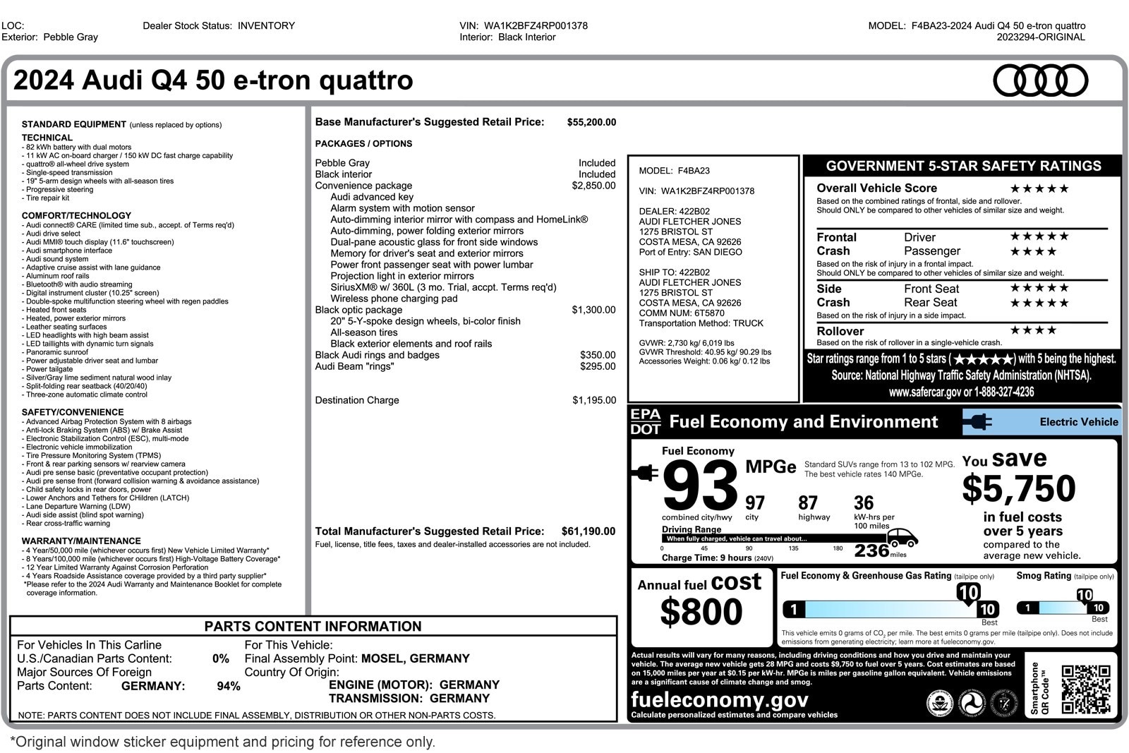 Used 2024 Audi Q4 e-tron Premium with VIN WA1K2BFZ4RP001378 for sale in Costa Mesa, CA