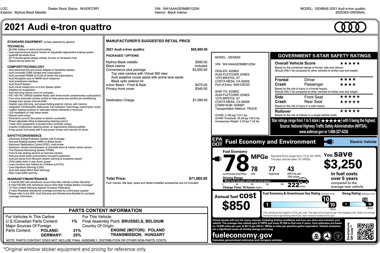 Used 2021 Audi e-tron Premium with VIN WA1AAAGE5MB012254 for sale in Costa Mesa, CA