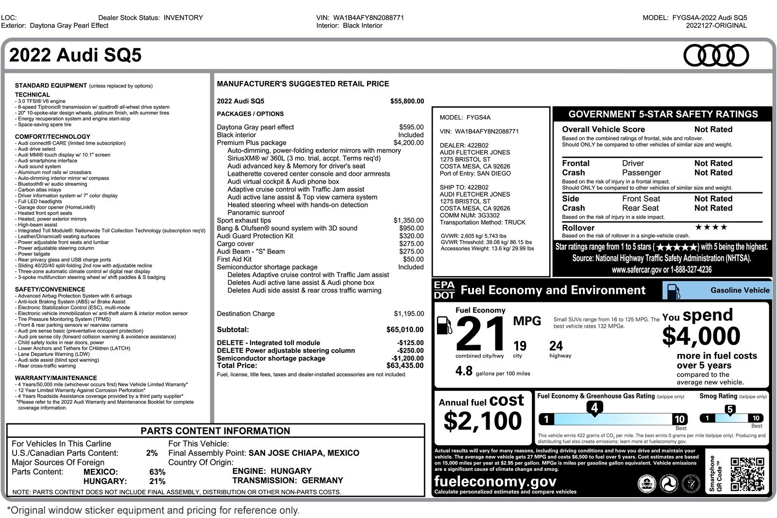 Used 2022 Audi SQ5 Premium Plus with VIN WA1B4AFY8N2088771 for sale in Costa Mesa, CA