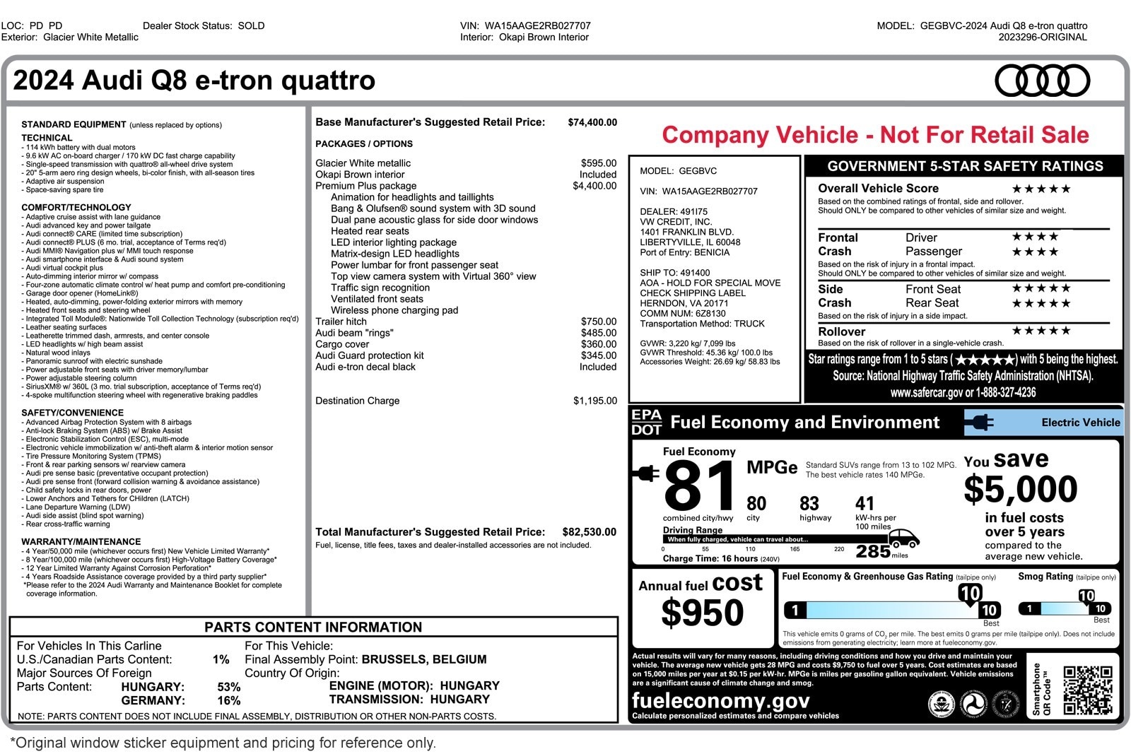 Used 2024 Audi Q8 e-tron Premium Plus with VIN WA15AAGE2RB027707 for sale in Costa Mesa, CA