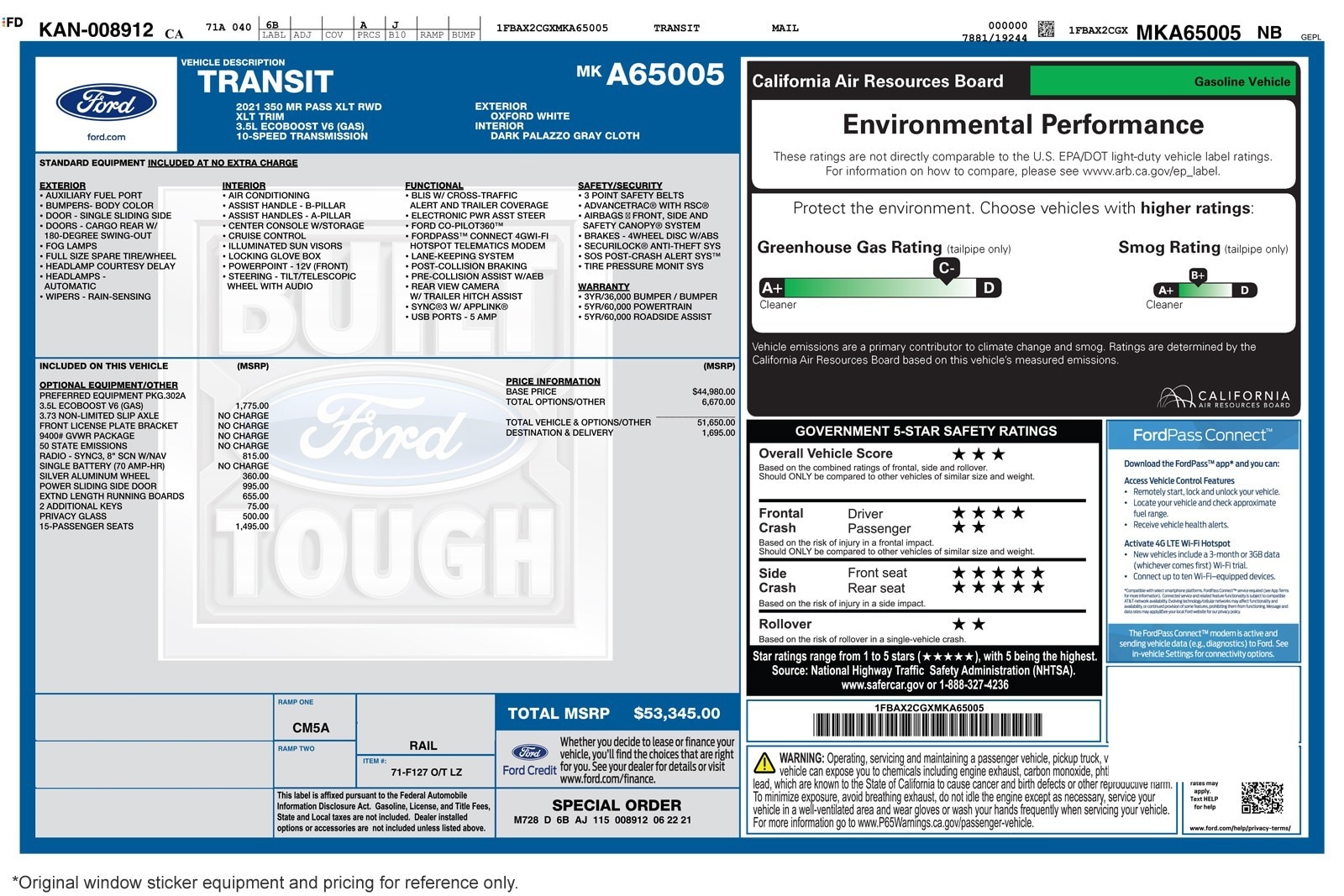 Used 2021 Ford Transit Passenger Van XLT with VIN 1FBAX2CGXMKA65005 for sale in Costa Mesa, CA