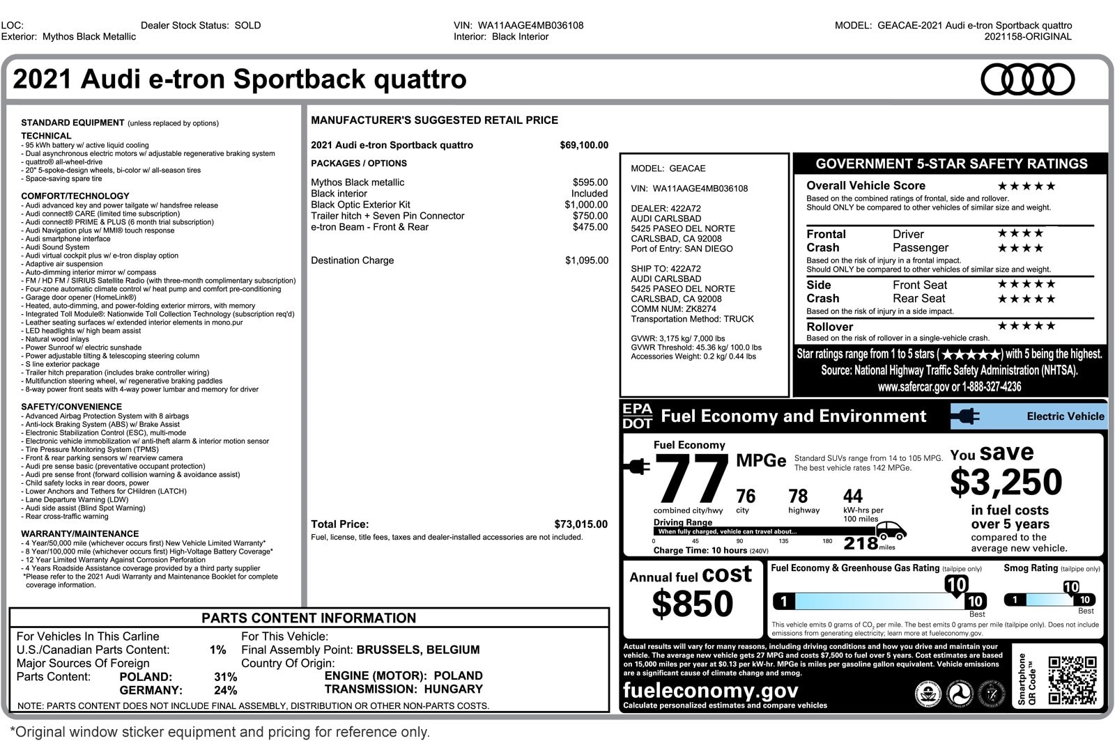 Used 2021 Audi e-tron Sportback Premium with VIN WA11AAGE4MB036108 for sale in Costa Mesa, CA